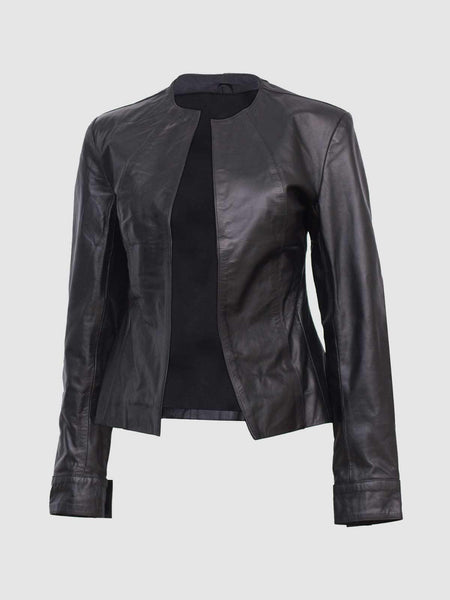 Ladies black collarless leather jacket hotsell